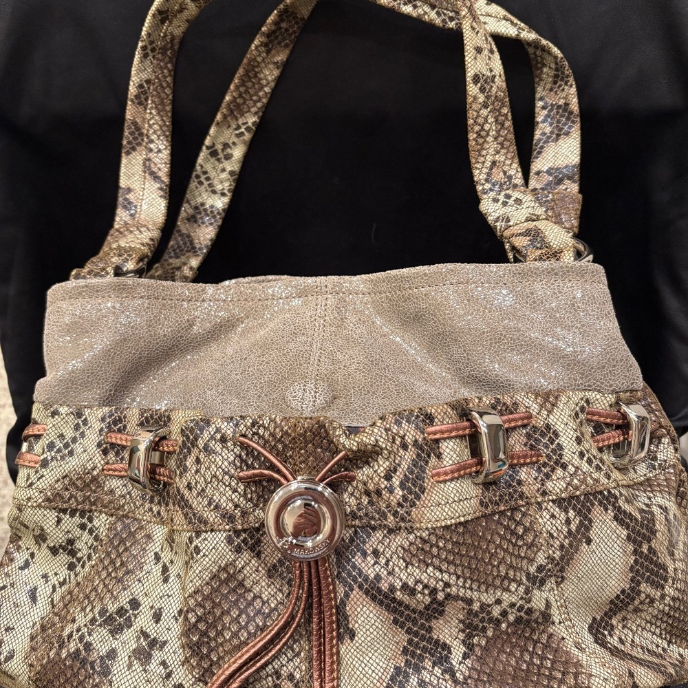 B. Makowsky Brown/Taupe Snake Print Leather Handbag